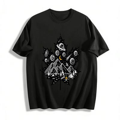 Starry Sky Mountain Camping Maple Leaf Print Casual Tee Pure Cotton T-shirt