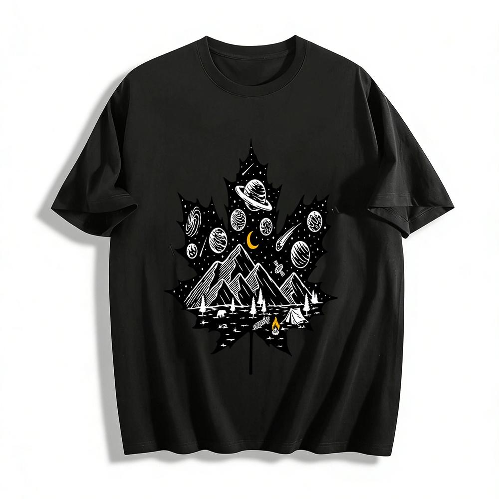 Starry Sky Mountain Camping Maple Leaf Print Casual Tee Pure cotton T-shirt XXS