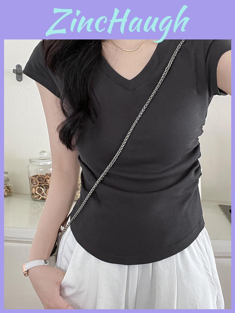 Cotton Short Sleeve T Shirt For Women With Pleated Design And Slim Fit For Casual Wear