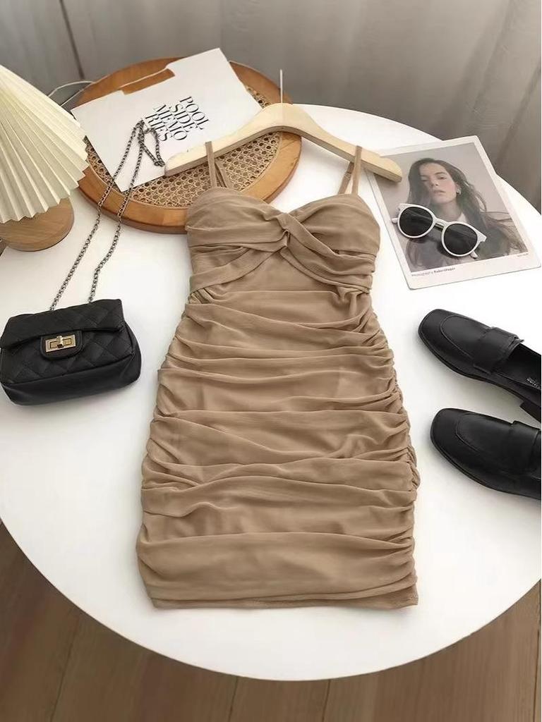 Summer Style Spaghetti Strap Dress - Sexy Twisted Knot Pleated Slim Fit Short Skirt for Mature Women