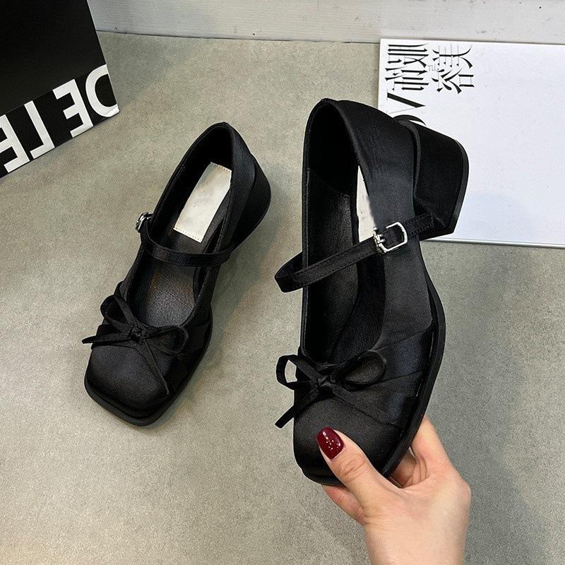 Fashion Women Shoes 2025 Spring Mary Jane Fashion Butterfly-knot Square Toe Satin Women's High Heels Buckle Elegant Pumps Shoe Wedding