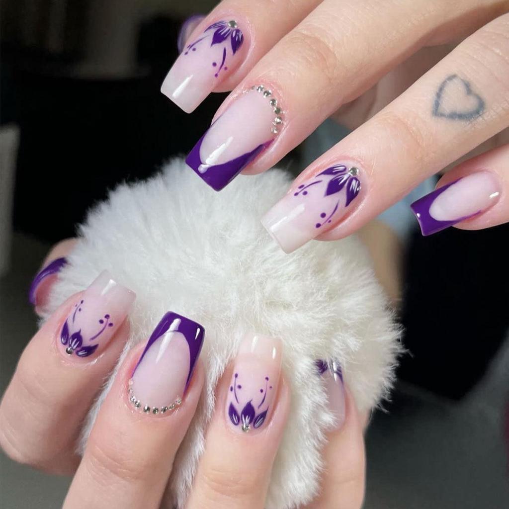 Square Detachable Purple Flower 3D Rhinestone False Nails