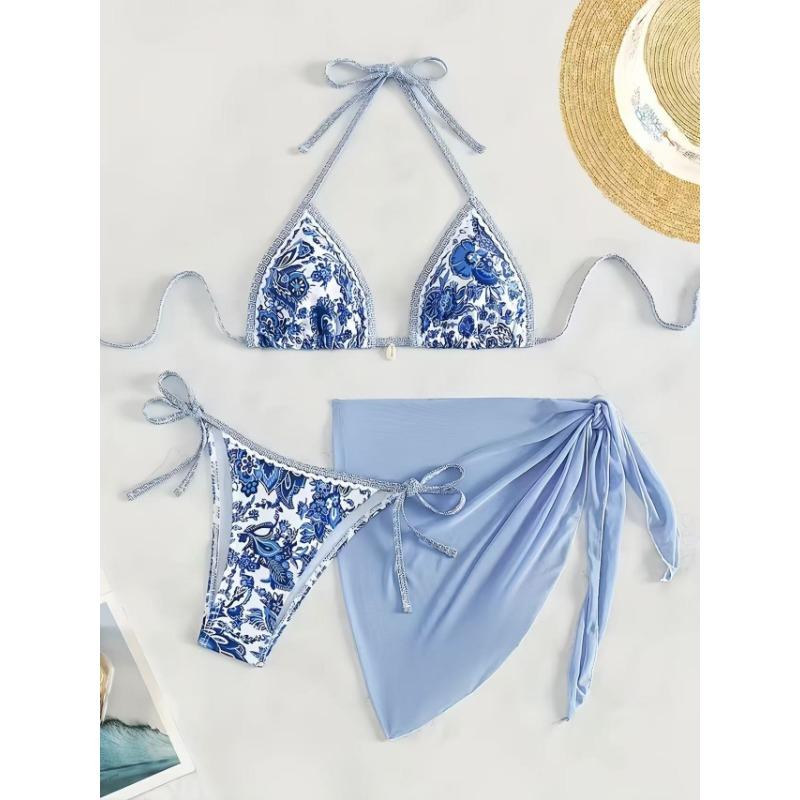 Women's Pink Paisley 3 Piece Bikini Set Halter Triangle Swimsuit With Cover Up Skirt