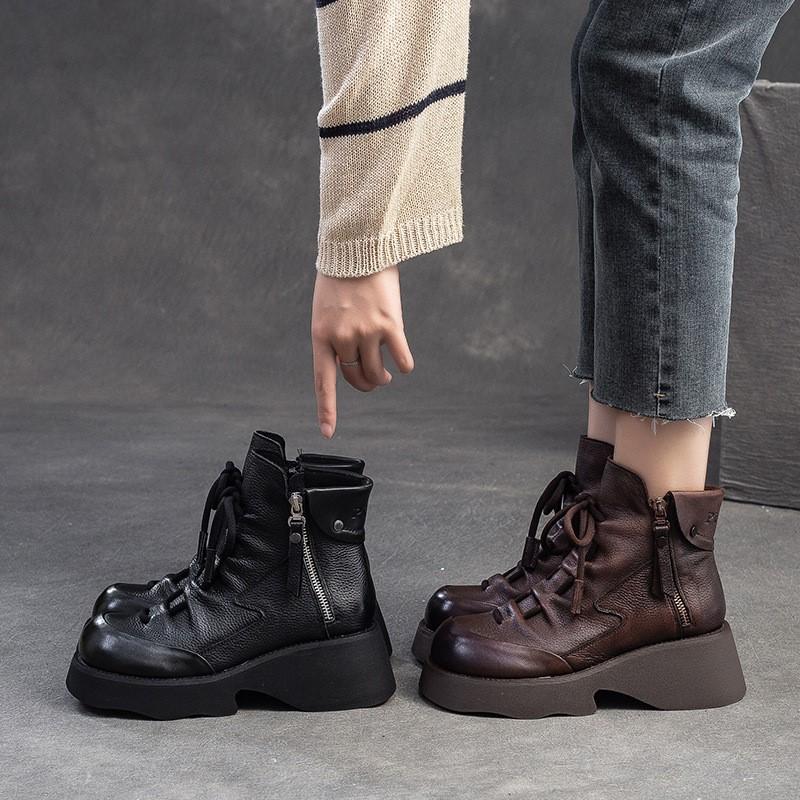 Johnature Genuine Leather Retro Wedges Short Boots With Side Zipper Thick Soled Versatile Women's Boots