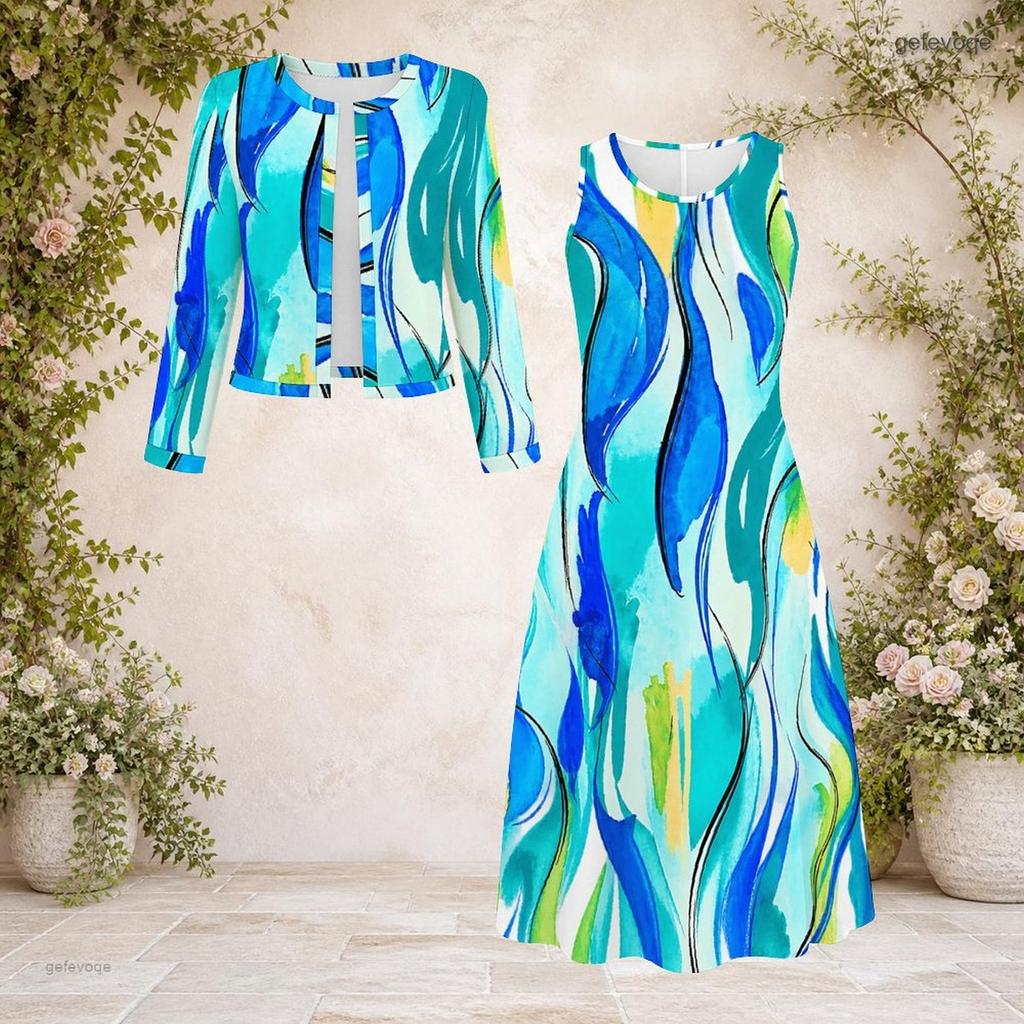 Women Plus Size Two Piece Dress Set Round Neck Long Sleeve Blue White Printed Cropped Cardigan Sleeveless Dress