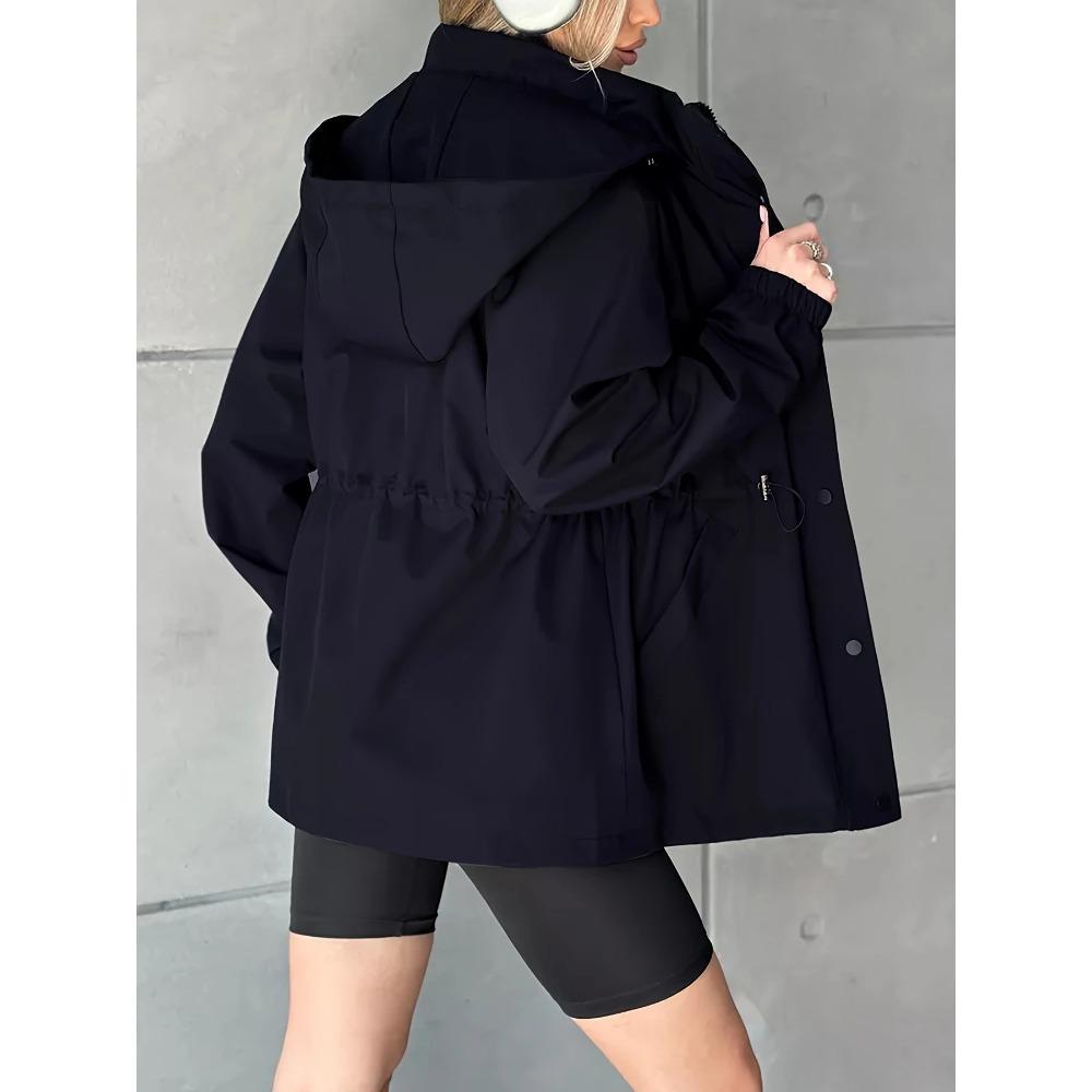 Women Hooded Windbreaker Jacket Drawstring Waist Snap Button Front Elastic Cuff Lightweight Outdoor Casual Waterproof JacketOuterwear