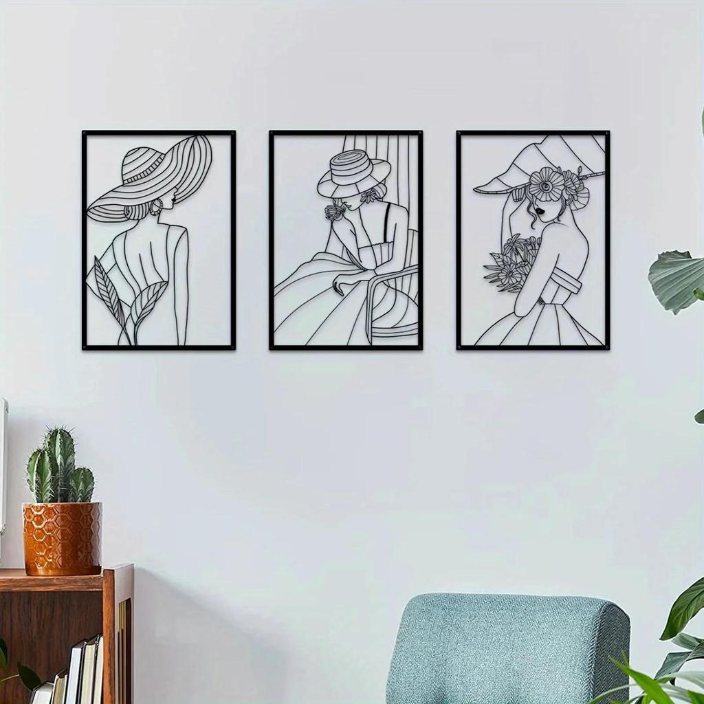 3pc Retro Fashion Metal Wall Art Female Figure Sculpture for Bedroom Decoration