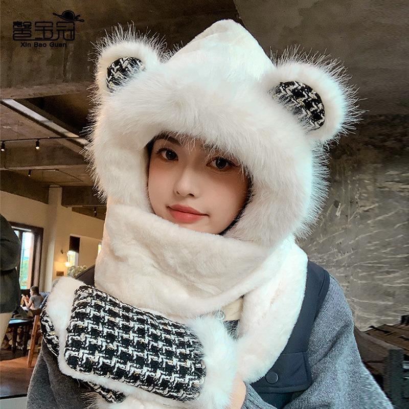 Cute bear hat, scarf and gloves integrated winter outdoor velvet women's thermal ear protection pullover hat