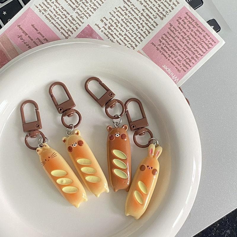 Unique Dog And Bear Shaped Keychains French Bread Foodie Charm Keyring Resin Alloy Bag Pendant for Women Girls