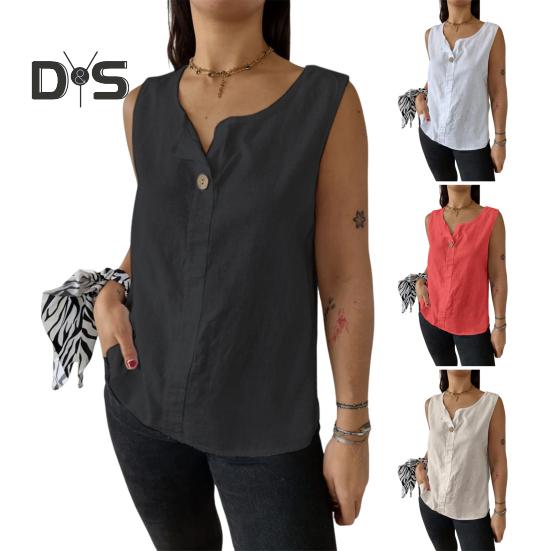 Women Vest Sleeveless Button Decoration Casual Tank Tops Solid Color Cotton Linen Lightweight Breathable Tops