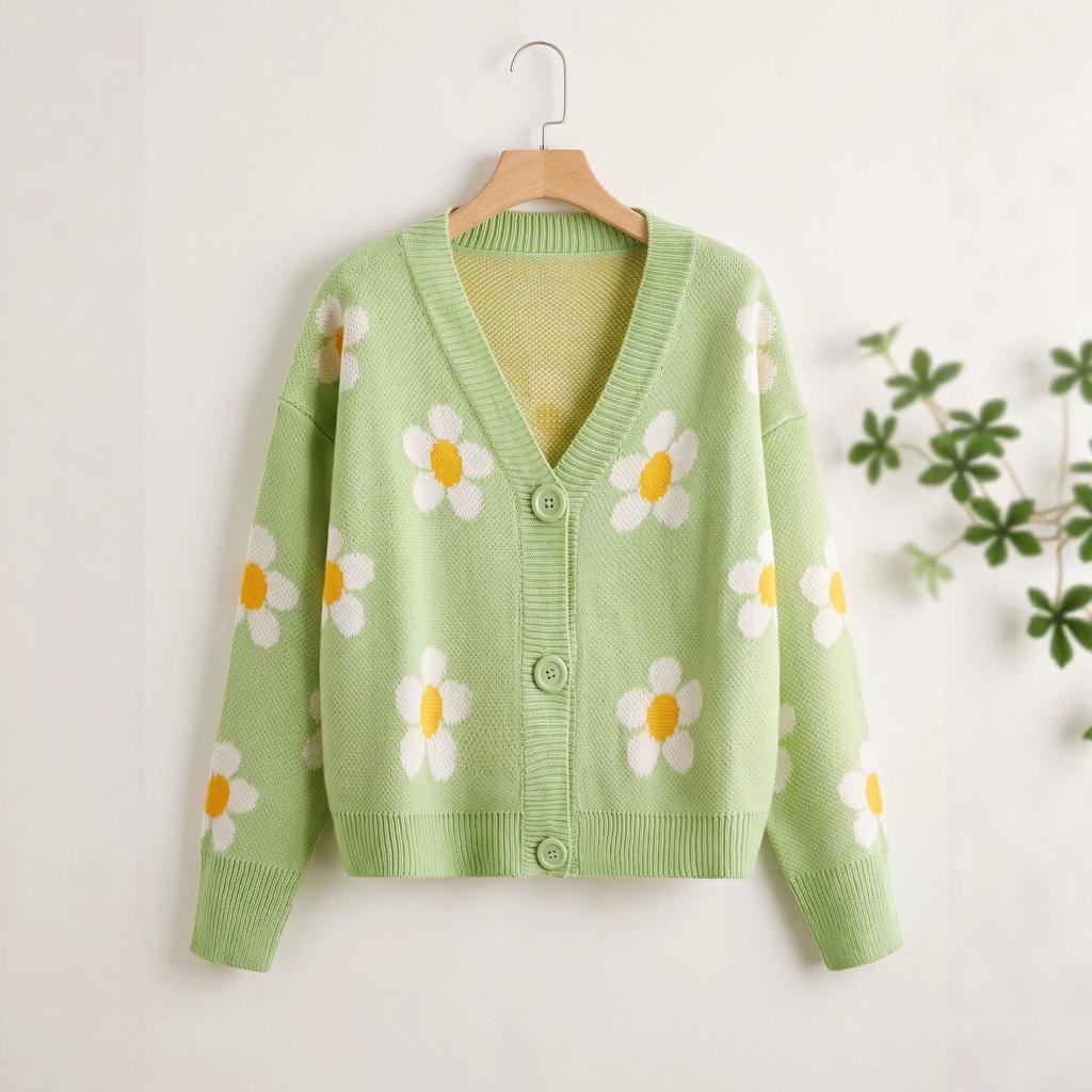 In Stock: Versatile Daisy Jacquard V-Neck Cardigan Sweater