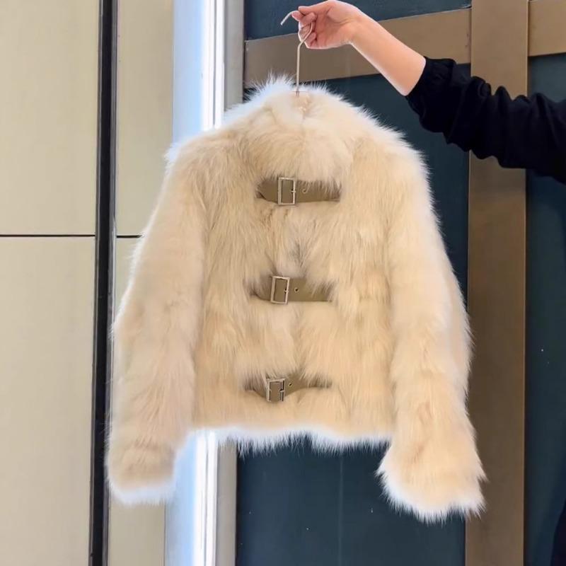 Women's Black Faux Fur Cropped Jacket with Buckle Detail Warm Winter Coat