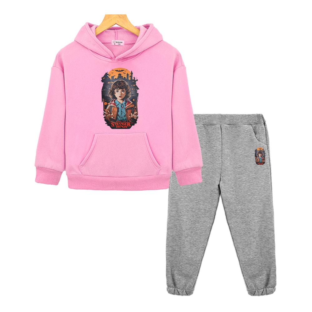 Stranger Things Print Anime Hoodie Fleece Sweatshirt Jacket 2pcs Pullover+pant Boy Girls Hooded Spors Sets Kids Boutique Clothes