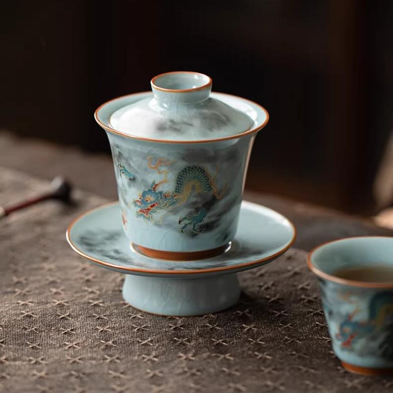 Professional Ru Kiln Ceramic Gaiwan Set with Crackle Glaze 3 Piece Chinese Teaware for Gongfu Tea Ceremony Home Use