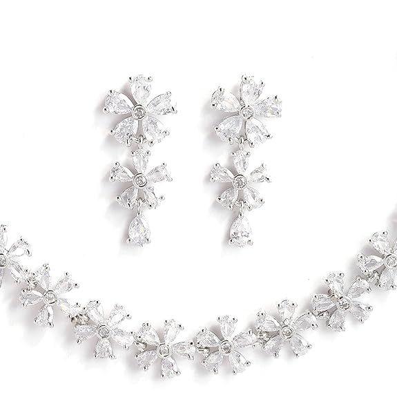 Rhodium Plated Silver Toned White American Diamond Studded Flower Shaped Jewellery Set For Girls and Women
