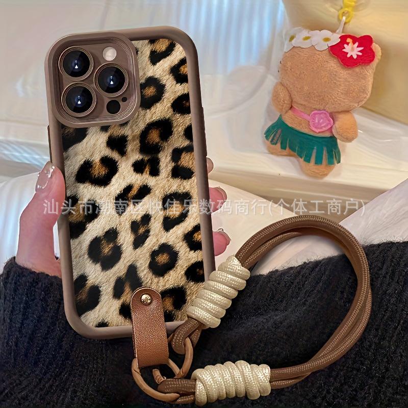 Fashion Leopard Print iPhone17Promax/16Promax/15/14/13/12/11 Wristband Lanyard Phone Case