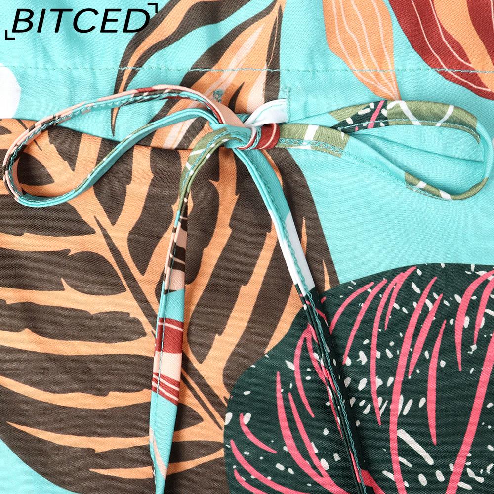 BITCED Spring/Summer Floral Print Drawstring V-Neck Short-Sleeve Vacation Casual Loose Dress