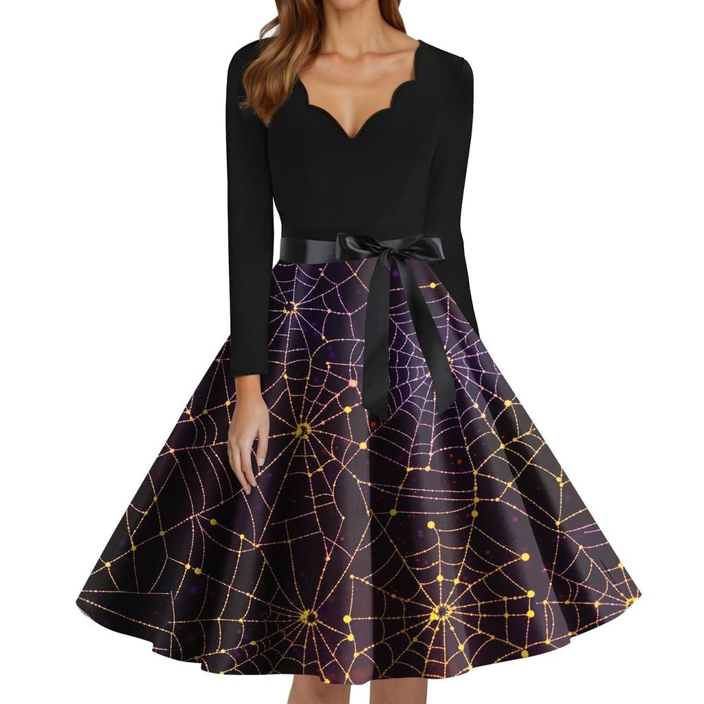 Women's Fashion V-Neck Casual Slim Fit Halloween Printed Long Sleeve Dress
