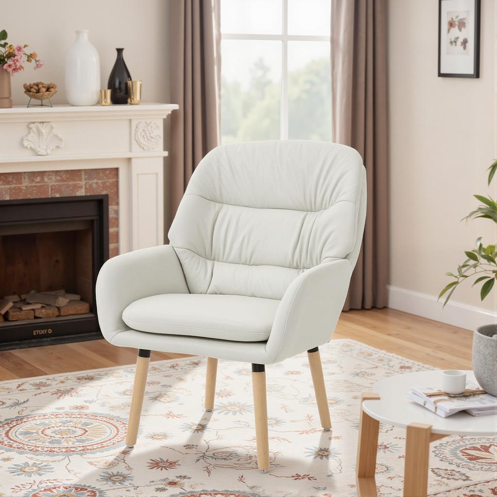 Living Room Armchair, Double Padded, Faux Leather, Wooden Legs, 68 x 74 x 89 cm, Cream