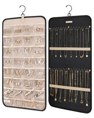BAGSMART Hanging Jewelry Storage Roll with Metal Jewelry Holder for Medium Black Organizer, Hanger, Hook, Double-Sided Earrings, Necklaces, Rings,