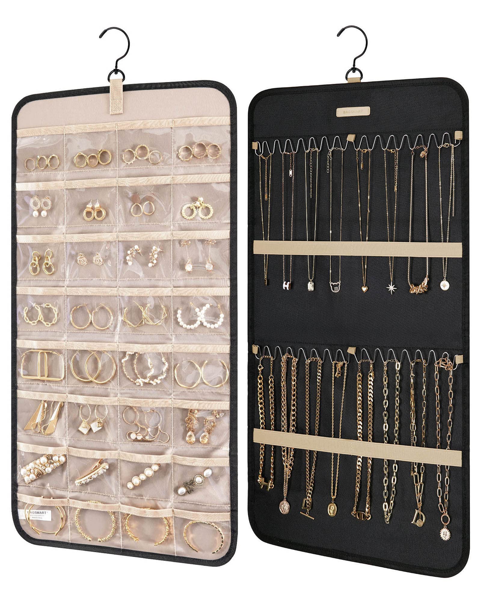 

BAGSMART Hanging Jewelry Storage Roll with Metal Jewelry Holder for Medium Black Organizer, Hanger, Hook, Double-Sided Earrings, Necklaces, Rings,
