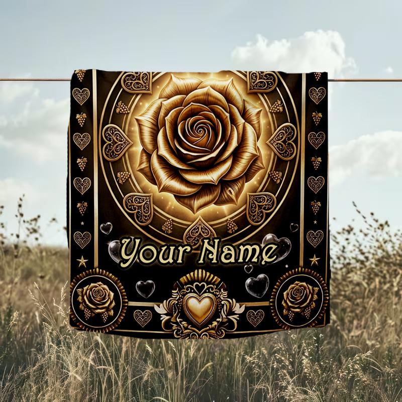 1PC Custom Name Golden Rose Romance flannel blanket versatile,all-season throw suitable for the living room,bedroom,camping,travel,and gift
