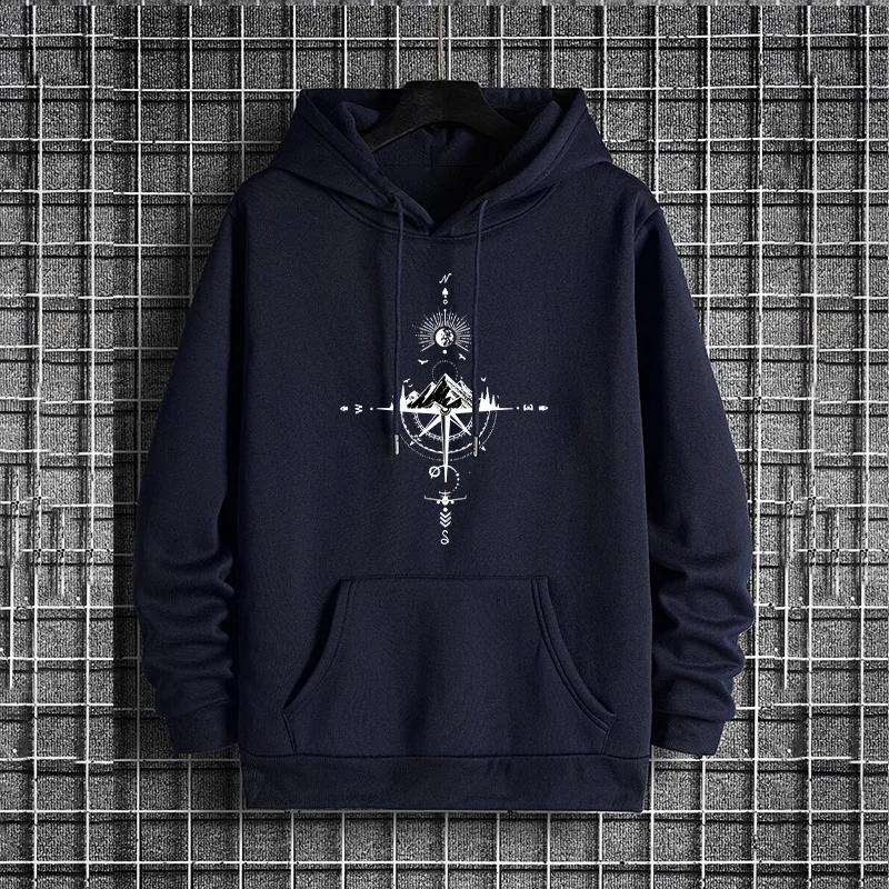 Vintage Compass Print Men's Hoodie Urban Streetwear Fashion Casual Sporty Hooded Sweatshirt Home Outdoor Comfort Warm Pullover