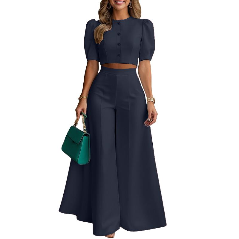

ZANZEA Women Short Sleeve Blouse and Wide Leg Pants Summer Two Piece Suit Sets 2XL темно-синього кольору