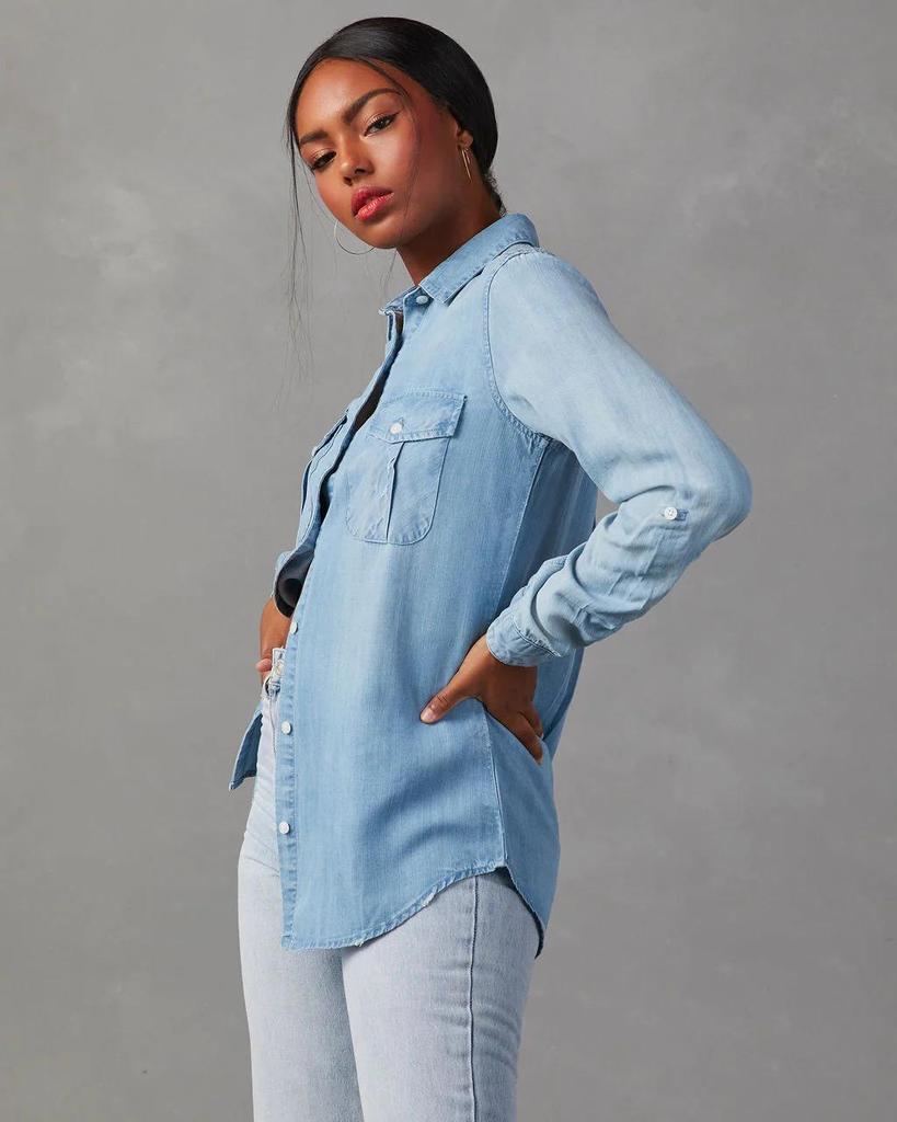 Women's Long-Sleeve Denim Shirt with Turn-Down Collar - Casual, European and American Style (Style 16810)