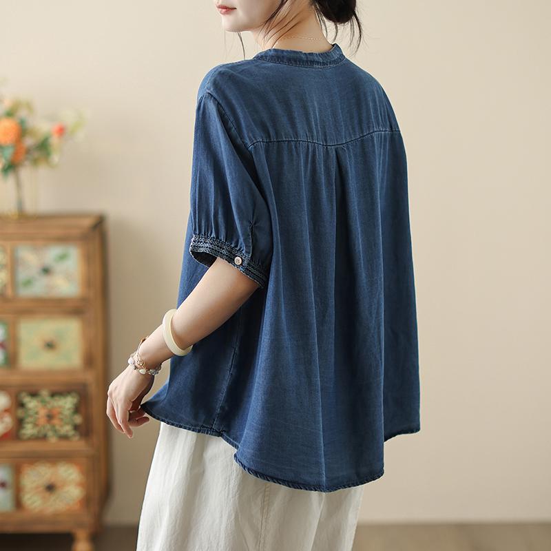 Dimanaf 2025 Summer Plus Size Women T-Shirts Denim Short Sleeve Vintage Tops Tees Loose Casual Shirt