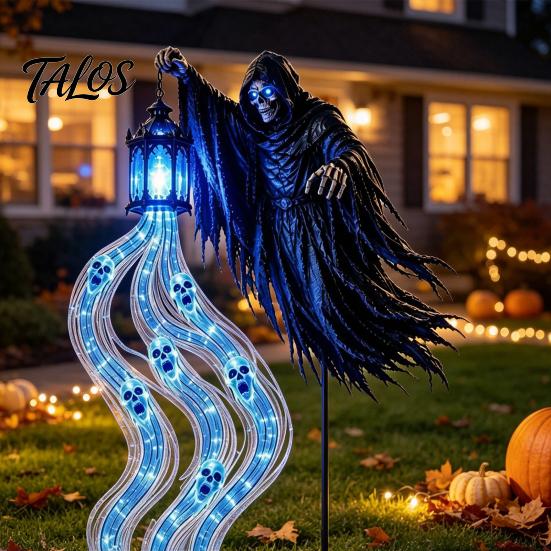 Supernatural Garden Decor Halloween Grim Reaper Stake Light, Battery Powered Outdoor Spooky Waterfall Glow Lights Pathway Lamp with Lantern