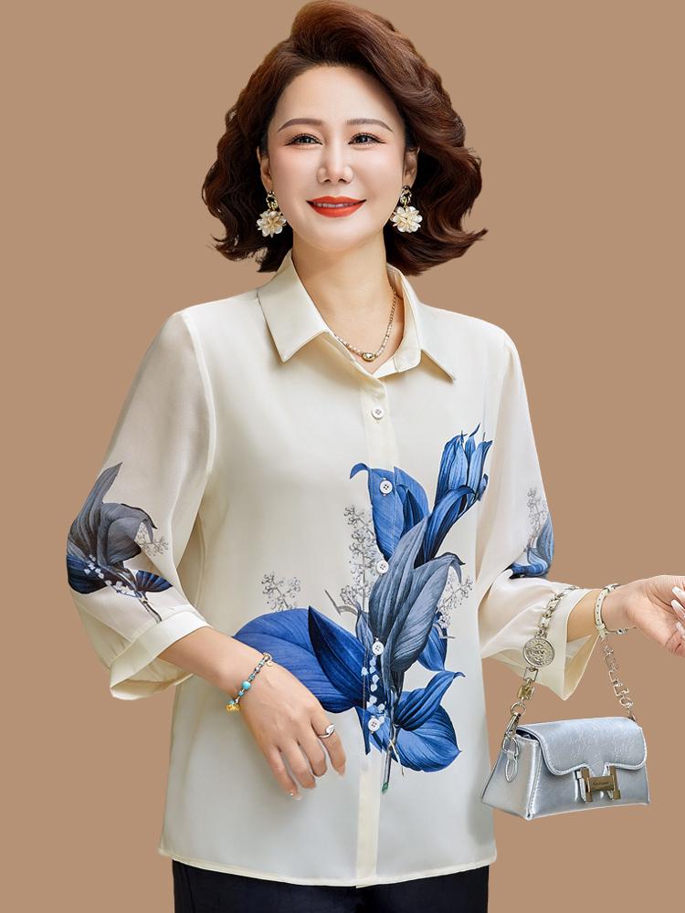 Spring Chiffon Blouse: Stylish Loose-Fit Top for Middle-Aged and Elderly Women
