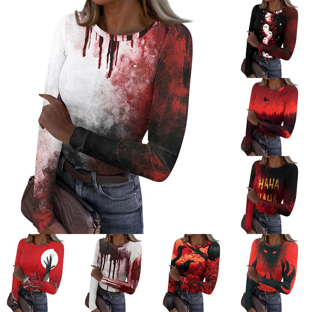 Women's Casual Long Sleeve Ribbed Top Crew Neck Halloween Ghost Print Slim Fit Stretchy Shirt for Everyday Wear