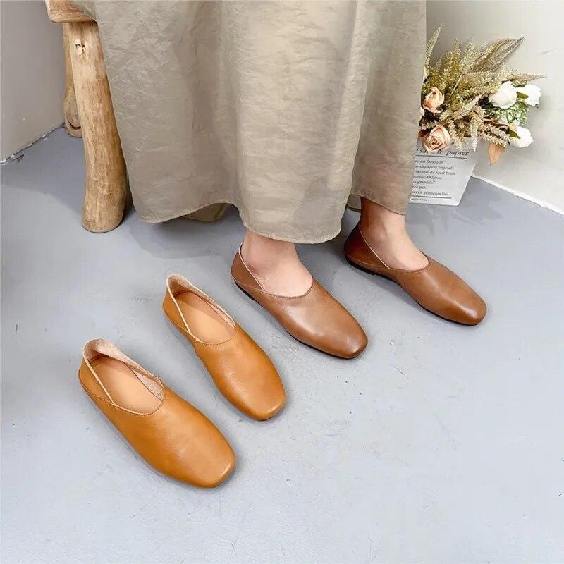Johnature Zapatos planos poco profundos de cuero genuino con punta redonda y suela blanda, mocasines casuales de color sólido para mujer