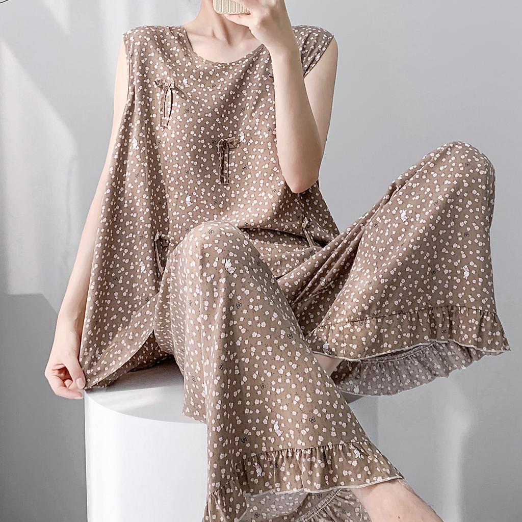 1011 new pajamas with chest pads women's summer sleeveless printing high-end loungewear anti-bumping cotton and silk suit thin