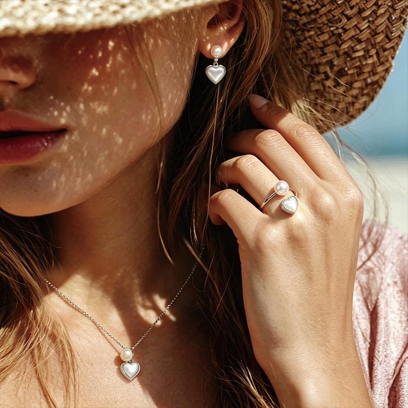 SA Jewelry  Open Adjustable Ring Heart  Shell & Natural Freshwater Pearl  Alloy Dainty Classic Women Finger Ring