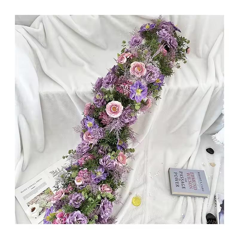 200cm champagne Atficial Flower Row Runner Elegant Center Stage Background for Wedding Party Home Decoration