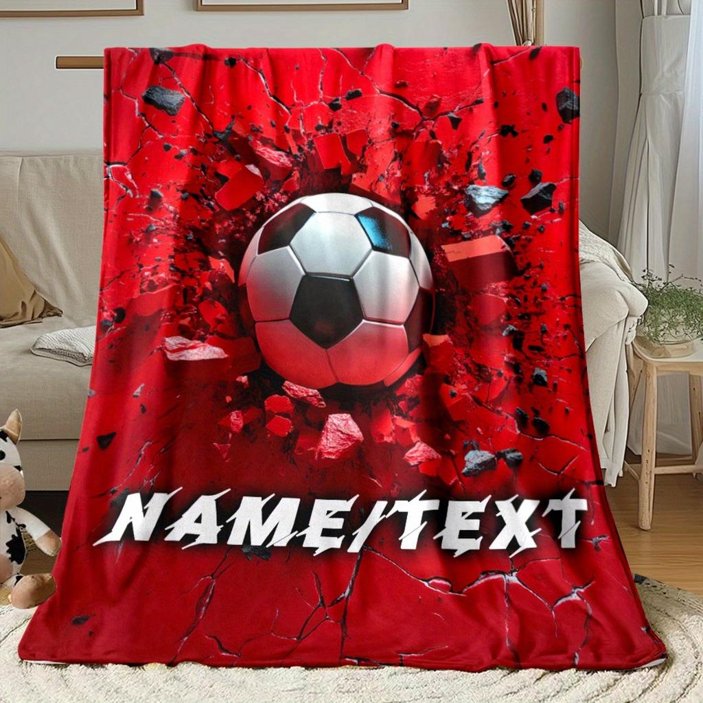 Custom Soccer Ball Blanket Red Broken Wall Effect Design Personalized Name Fleece Throw All Season Soft Warm Bedding Home Decor