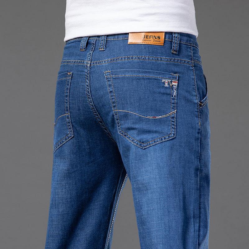 Large Size Men's Stretch Thin Jeans Summer Classic Black Blue Business Casual Straight Denim Pants Baggy Trousers 44 46