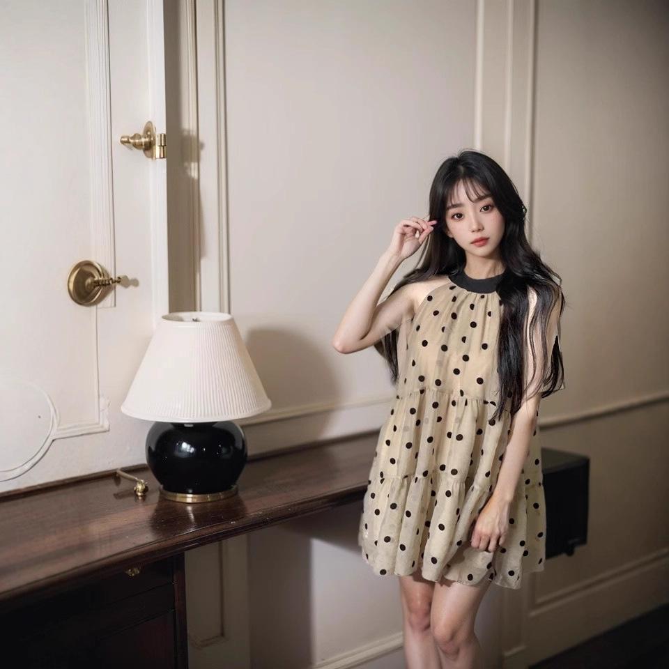 Foreign Style Polka Dot Contrasting Color Bow Neck Dress Women's Spring New Small Loose and Thin Short Skirt