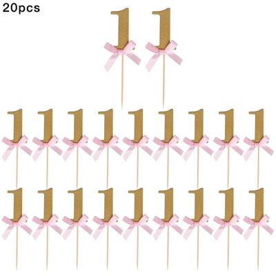 20pcs Cake Topper 1 Year Birthday Cupcake Decoration Gold Stick Anniversary Celebration Topper