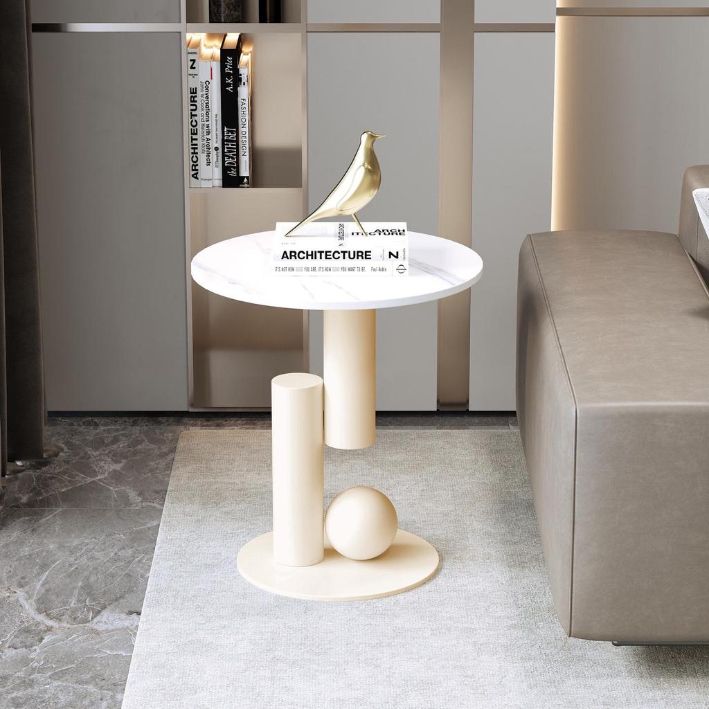 Cream-Style Sintered Stone Side Table: Minimalist Round Coffee Table for Living Room or Bedside, Light Luxury Feel.
