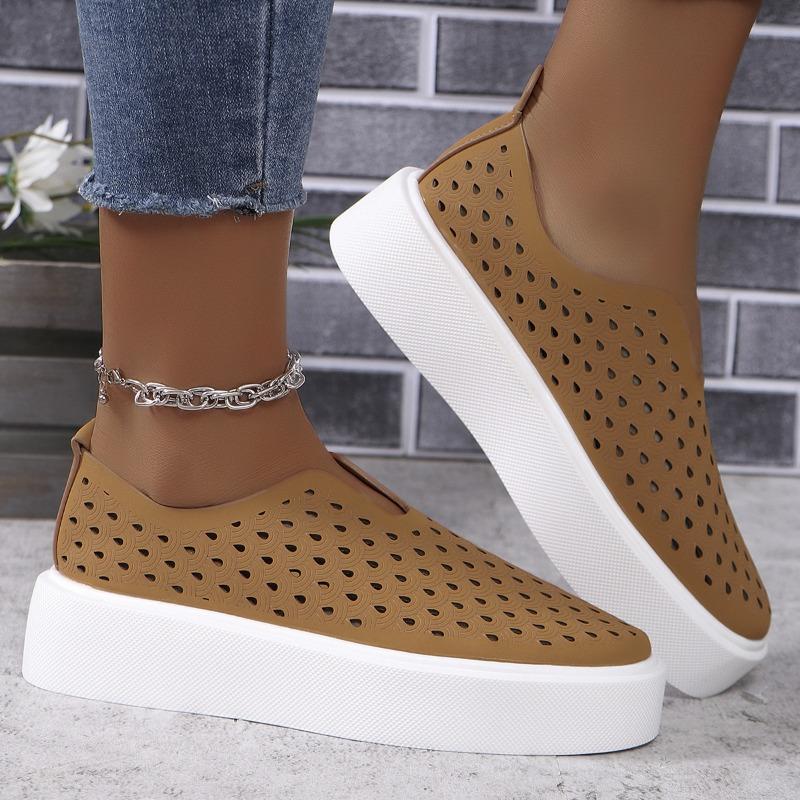 Thick Soled Hollow Breathable Low Top Single Shoe for Women, V-mouth Sponge Cake Set Foot Board Shoes