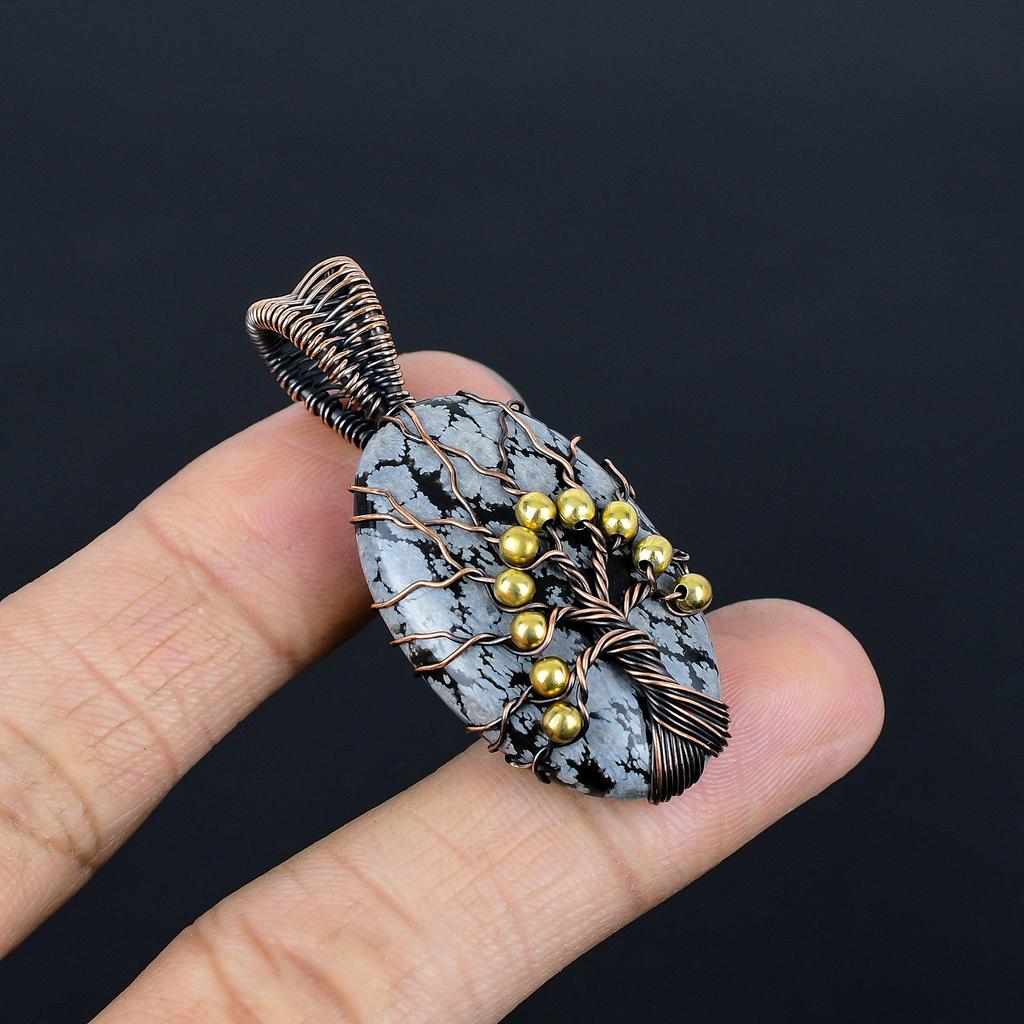 Snowflake Obsidian Pendant, 999 Copper Wire Wrapped Gemstone Handmade Dainty Jewelry Pendant, For Her