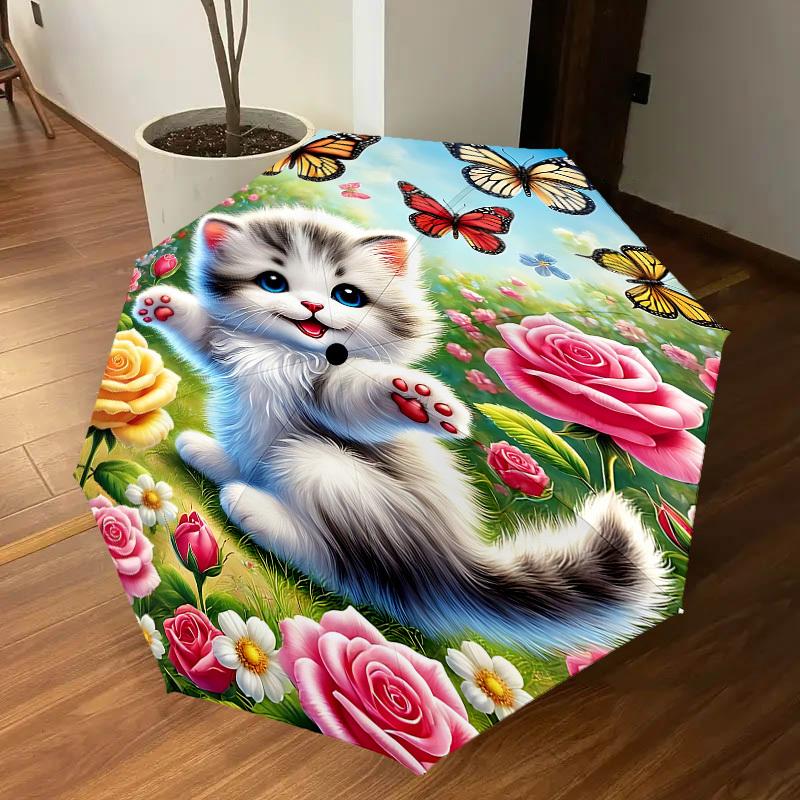 1PC cat flowers Automatic Open/Close Umbrella with Windproof, 8-Rib Sturdy Canopy, Durable Ribs, Fashionable Design, Outdoor Accessory, Fun Prin, Holi