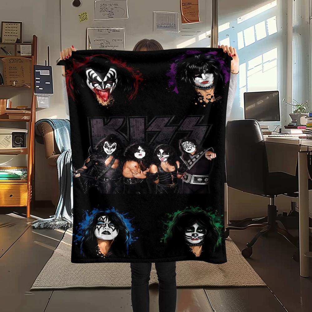 1Pc Rock Kiss Band Print Flannel Blanket, High Quality Comfortable for All Seasons, Home Decor, Warmth and Comfort, Perfect for Christmas Gifts