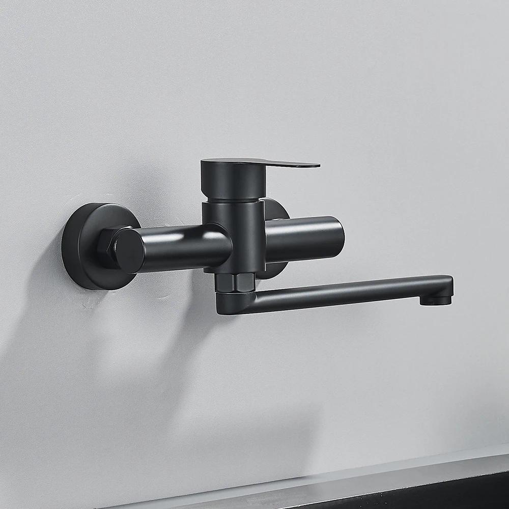 Brushed Nickle Kitchen Faucet Wall Mounted Bathroom Kitchen Mixer Tap Single Handle Hot Cold Faucet Dual Hole Rotating Spout