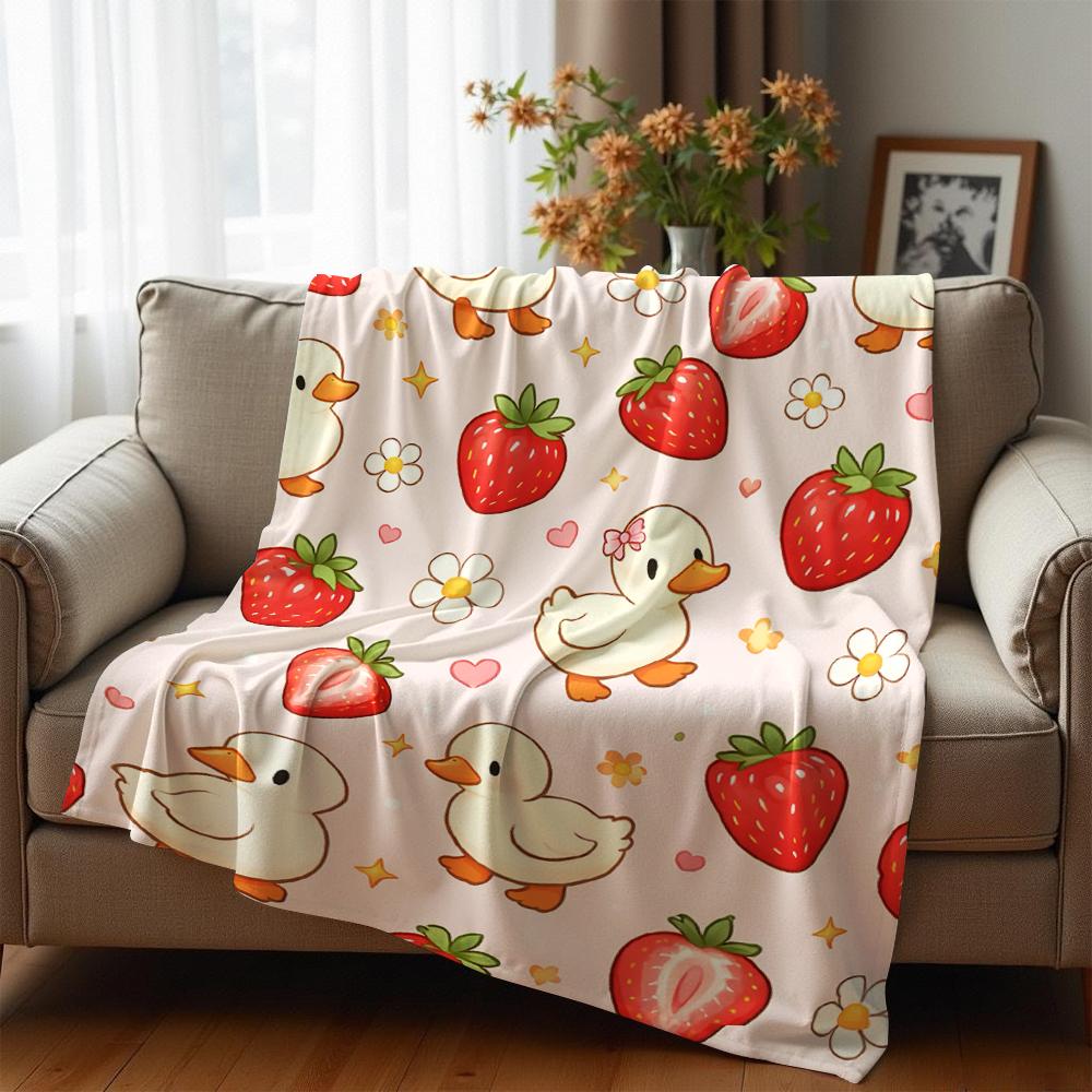 Cute Duck Strawberry Mix Anime Cartoon Flannel Blanket Soft Warm Throw for Bedroom Sofa Car Kids Holiday Gift
