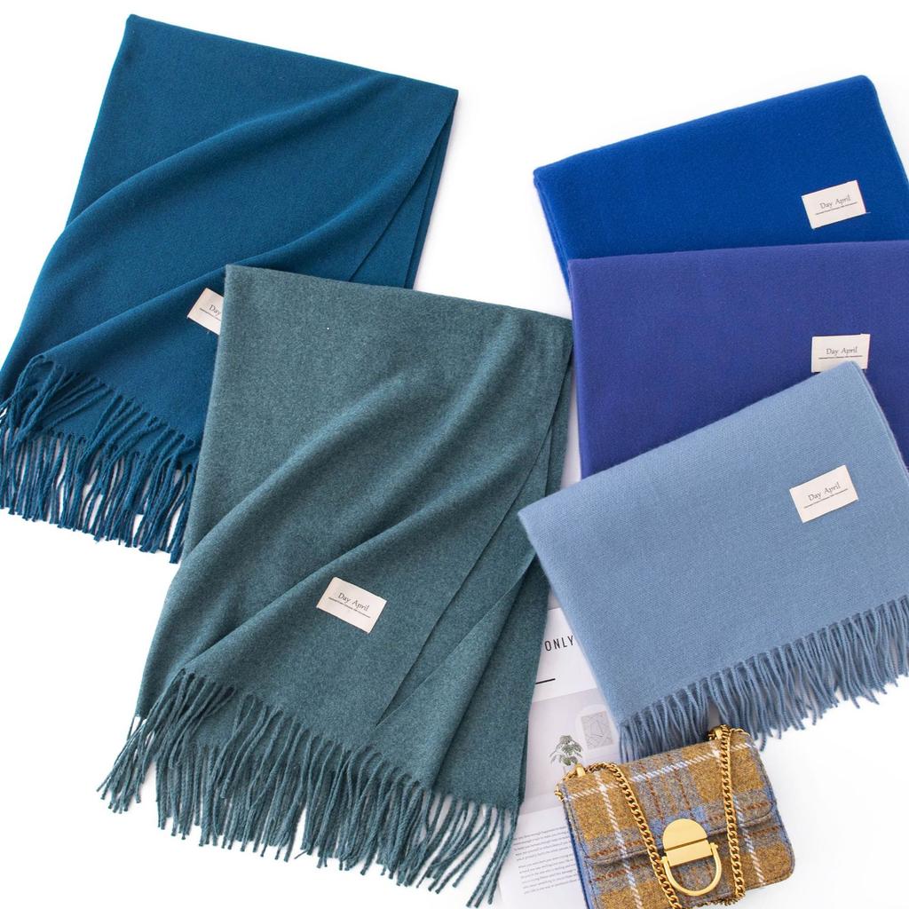 Blue green Scarf for Girls with A Sense of Atmosphere in Winter Versatile Solid Color Long Scarf  Imitation Cashmere Tassel Shawl Scarf  Cold Color