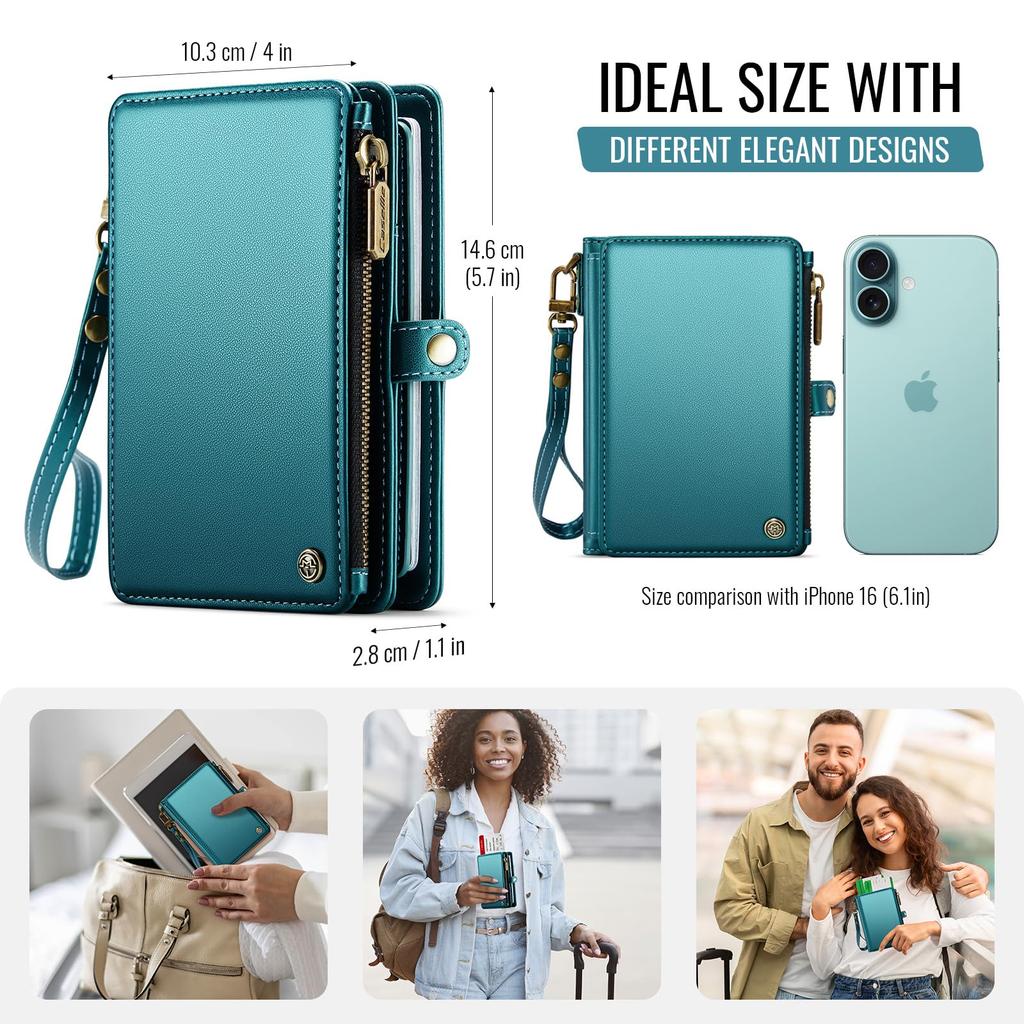 XIMAND Passport Holder Wallet Bag with 11 Card Slots and Passport Photo RFID Wristlet Travel Green Pocket, Pocket, Zippered, Blocking, Strap, Bag,